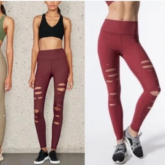 Alo Yoga Warrior Ripped Distressed Red ActiveWorkout Leggings Small - Picture 1 of 11